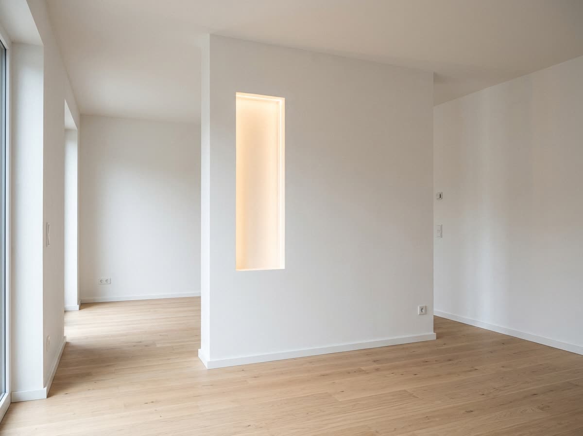 Heller Innenraum mit glatt verspachtelter Trockenbauwand und beleuchteter Wandnische
